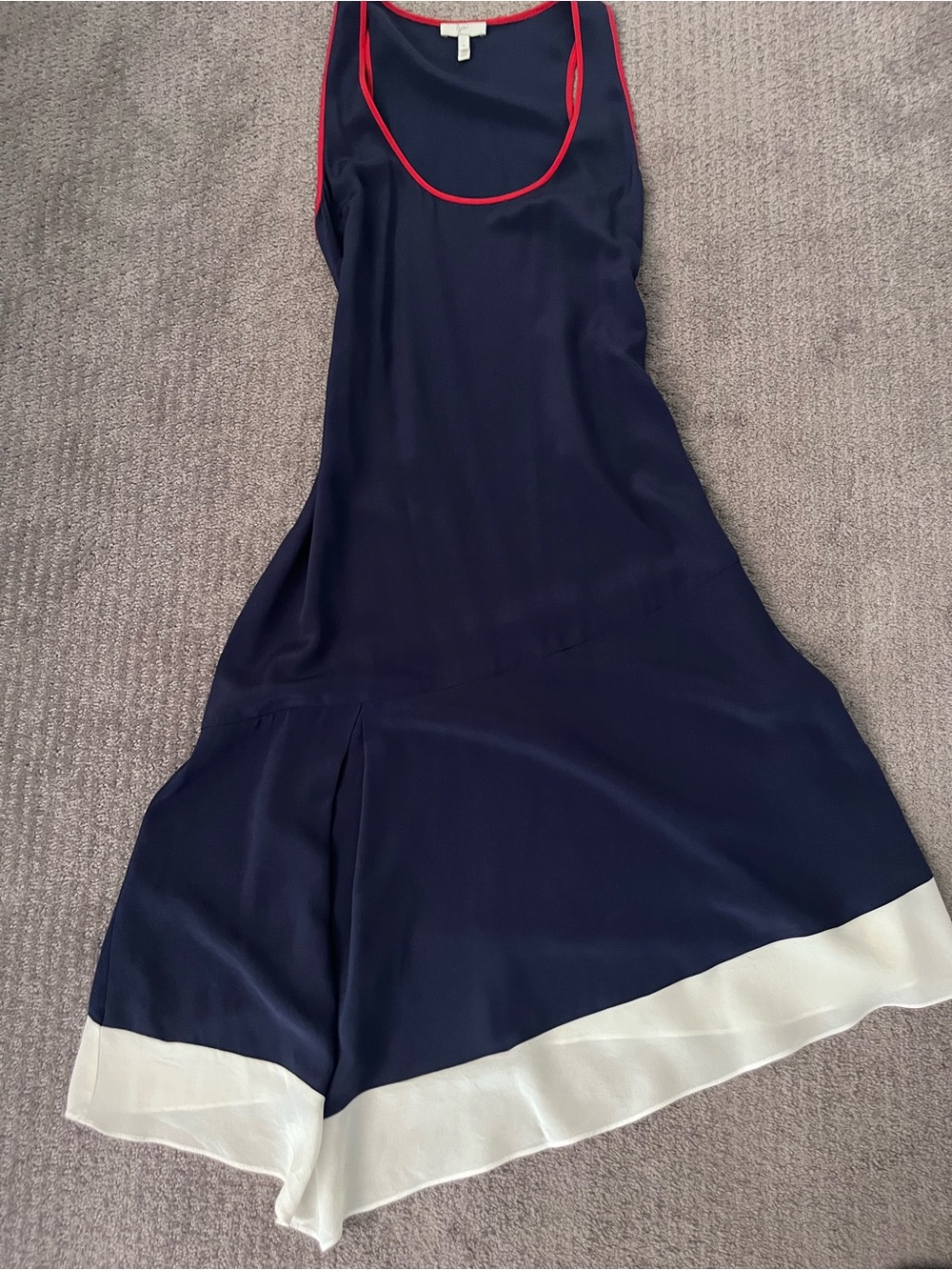 Joie silk Navy Slip Dress with White Hem and Red Trim